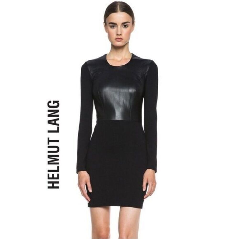 Helmut Lang Black Long-Sleeve Mini Dress with Faux Leather Bodice